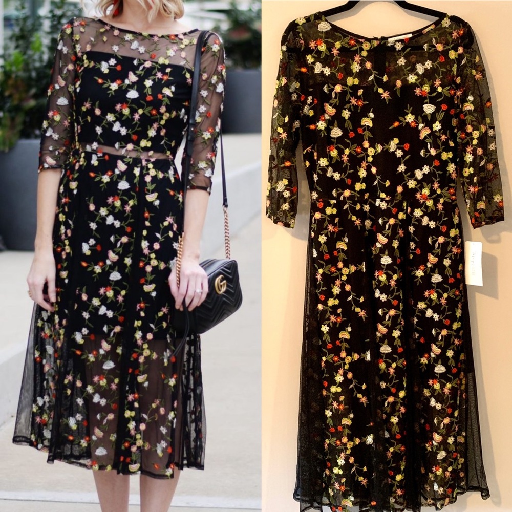 Lucy Paris Black Midi Floral Embroidered Dress